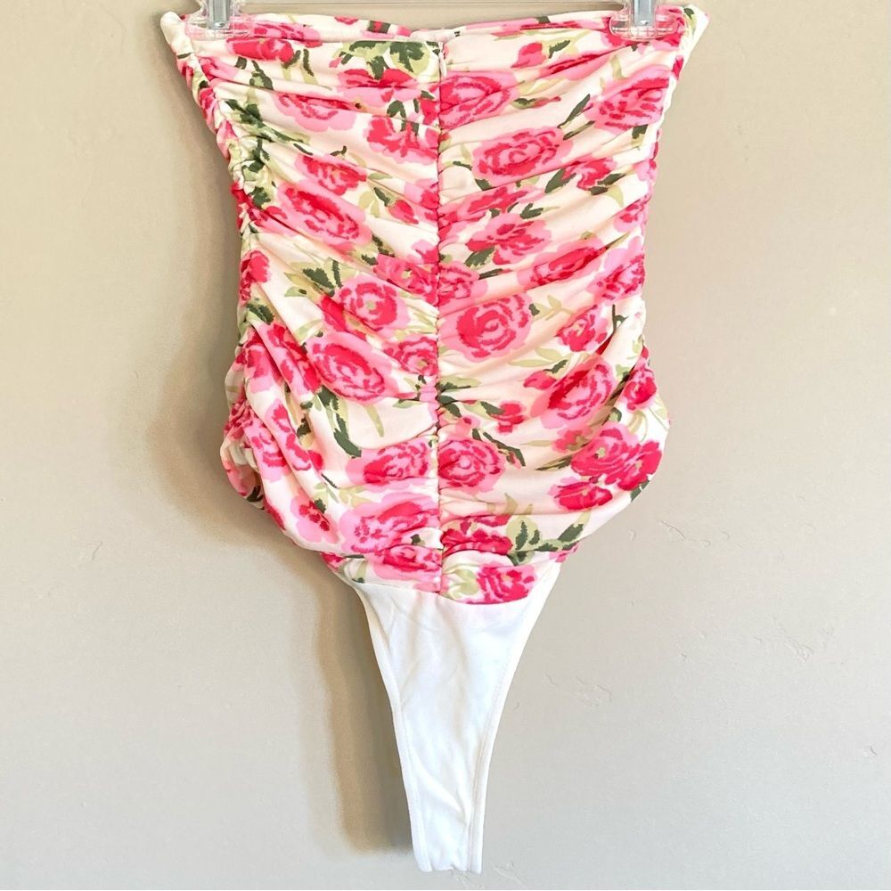 NEW ZARA Draped Ruched Floral Rose Strapless Bodysuit Pink Green White Size S - Picture 12 of 16